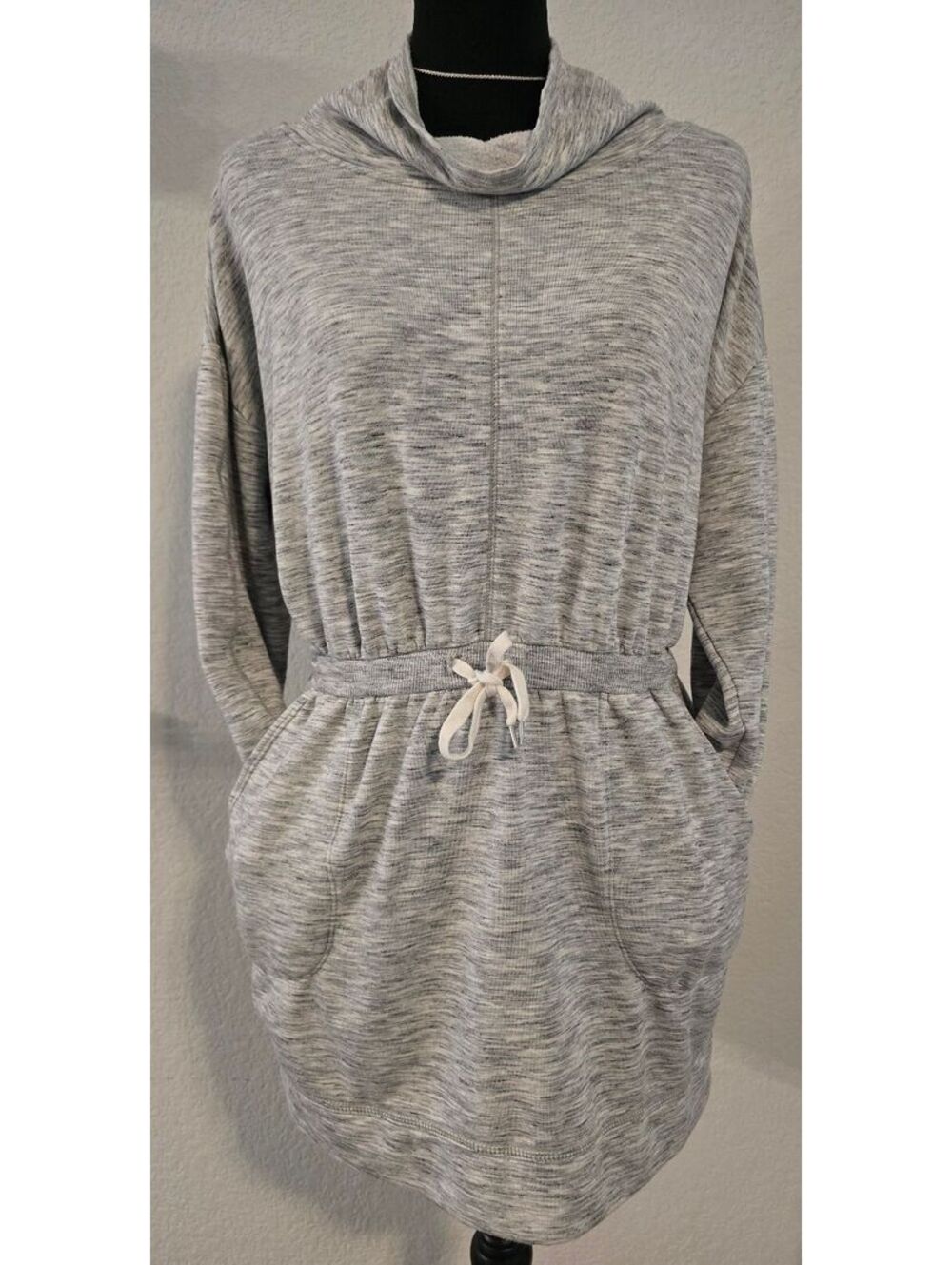Zella Women's Gray Marled Long Sleeve Drawstring Waist Tunic Dress Medium